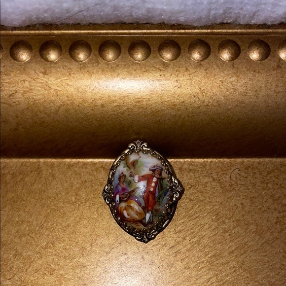Vintage Gold Brooch with Painted Scene - Picture 2 of 3
